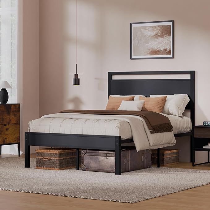 Z-hom Upgraded Full Size Bed Frame, Heavy Duty Metal Sturdy Full Bed Frame with Modern Wood Headboard & Footboard, Stable Platform Bed Furniture Bed Storage, No Noise, No Box Springs, Black