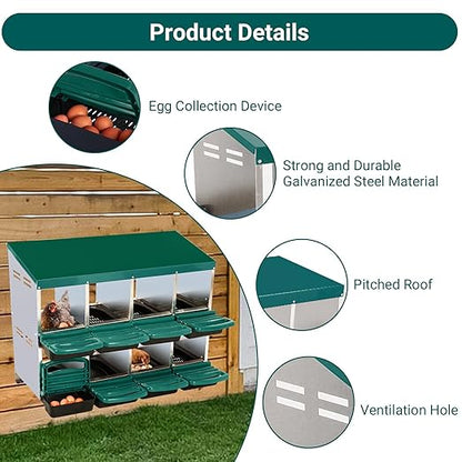 Garvee Chicken Nesting Boxes, 8 Hole Metal Chicken Laying Box with Removable Trays and Roll Out Egg Collection for Chicken Coop, Green