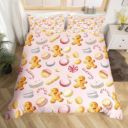 Feelyou Christmas Duvet Cover King Size Cute Christmas Gingerbread Man Comforter Cover for Boys Girls Xmas Sweet Macarons Bedding Set 3Pcs Reversible Pink Room Decor