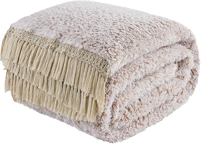 EMME Soft Sherpa Fleece Blanket with Tassel, Reversible Plush Fluffy Large Blanket, Light Weight Warm Decorative Boho Blanket Cover for Sofa, Couch, Bedroom,Travel(Tassel Khaki,50"x60")