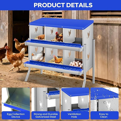 Secure & Durable Build - Heavy-Duty Galvanized Steel Chicken Nesting Box - 6 Compartments, Wall-Mounted, Easy Egg Collection & Cleaning, Blue, 84.5x42x90.3cm, 6 Compartments