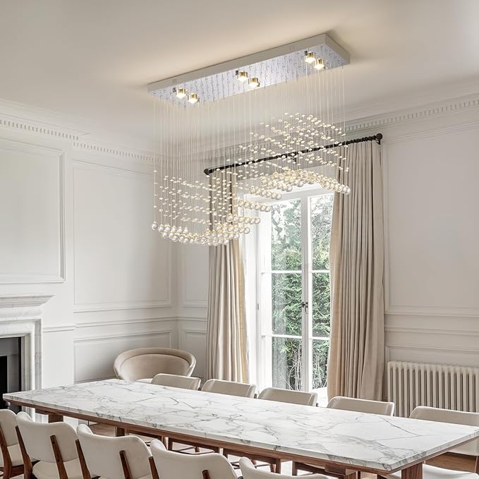 Modern Silver Crystal Raindrop Chandelier: 31.5" Rectangle Dimmable Lighting