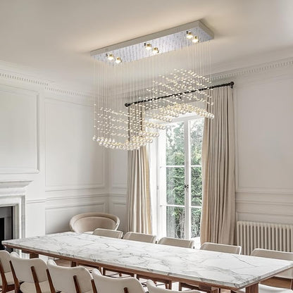 Modern Silver Crystal Raindrop Chandelier: 31.5" Rectangle Dimmable Lighting