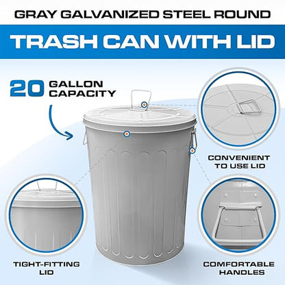 Plexon Large Metal Trash Can with Lid 20 Gallon, Decorative Outdoor Trash Can Heavy Duty Galvanized Metal Bucket with Lid for Garage Workshop Ash Storage Farmhouse, Gray