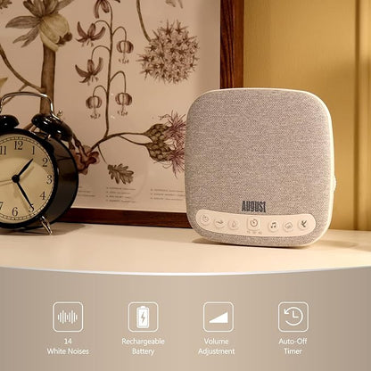 Portable White Noise Sound Machine - August SE160 - Calming, Ambient Sleep Therapy - 14 Soothing Sounds for Babies, Children, Adults - Sleep Aid with Timer - 60-Hour Battery - USB-C Charging - White