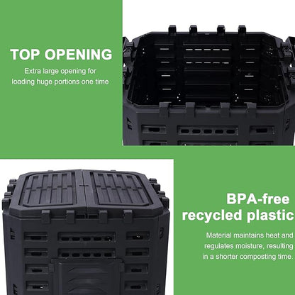 Black Garden Composter Bin - 90 Gallons (340Liter) of Recycled Plastic for Easy Assembly & Aerating Composting – Create Fertile Soil with Lightweight Outdoor Compost Box