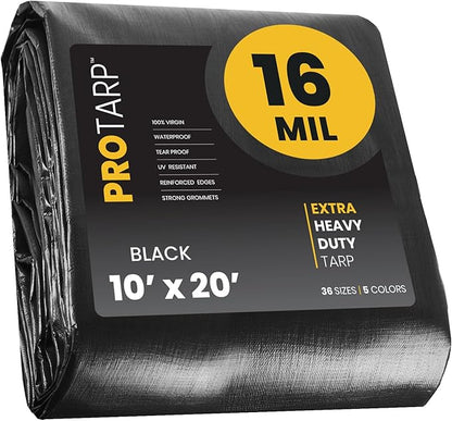 PROTARP Extra Heavy Duty 16 Mil Tarp Cover, Waterproof, UV Resistant, Rip and Tear Proof, Poly Tarpaulin with Reinforced Edges for Roof, Camping, Patio, Pool, Boat. (Black 10′ X 20′)