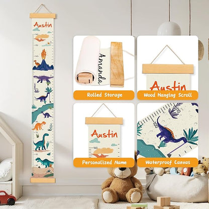Personalized Canvas Height Chart for Kids, Height Measurement for Wall, Growth Chart with Name (Dinosaurs)