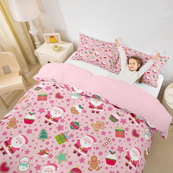 Feelyou Pink Christmas Duvet Cover Full Size Cartoon Santa Claus Gingerbread Man Bedding Set for Boys Girls Snowman Xmas Decor Comforter Cover Reversible Pink Bedroom Decor 3Pcs