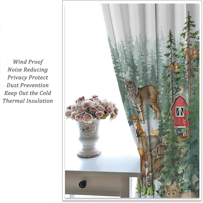 Woodland Animal Curtains, Watercolor Squirrel Hare Bear Bird Pattern Blackout Window Treatments, Rod Pocket Thermal Insulated Drapes 2 Panel Sets for Kids Bedroom Nursery Classroom, 42" W X 54" L