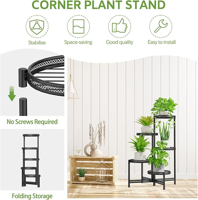 iDavosic.ly 5 Tier Large Plant Stand Indoor with 10-Inch Wide Drainage Tray, Tiered Corner Metal Outdoor Flower Display Holder Shelf, Folding Tall Rack for Patio Porch Balcony, Black Iron Carving