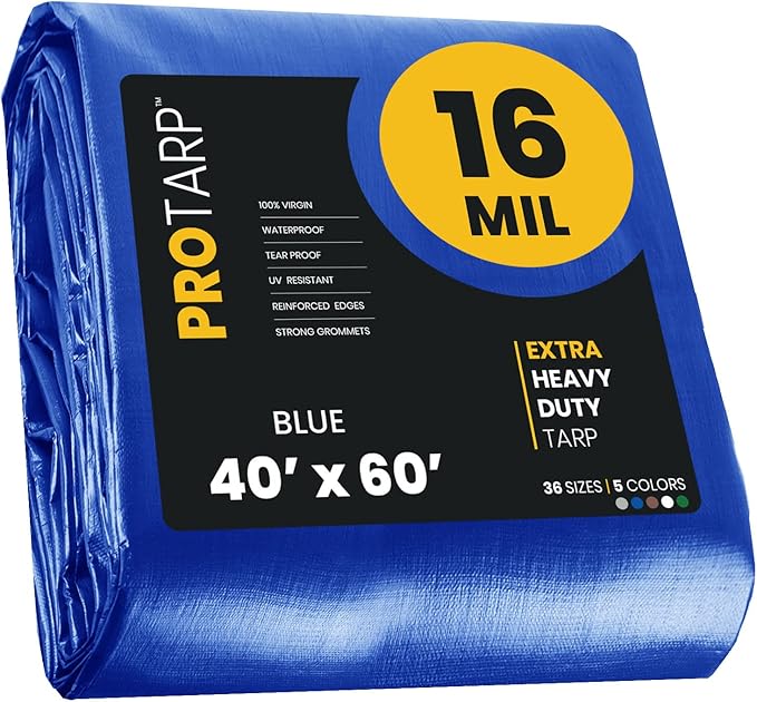 PROTARP Extra Heavy Duty 16 Mil Tarp Cover, Waterproof, UV Resistant, Rip and Tear Proof, Poly Tarpaulin with Reinforced Edges for Roof, Camping, Patio, Pool, Boat. (Blue 40′ X 60′)
