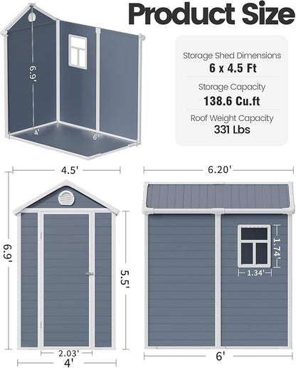 6x4.5 FT Plastic Sheds & Outdoor Storage, UV Resistant Storage Sheds Outdoor with Floor and Window, All-Weather Garden Resin Tool Shed for Lawn Mower, Yard Tools, Bike, Dark Gray