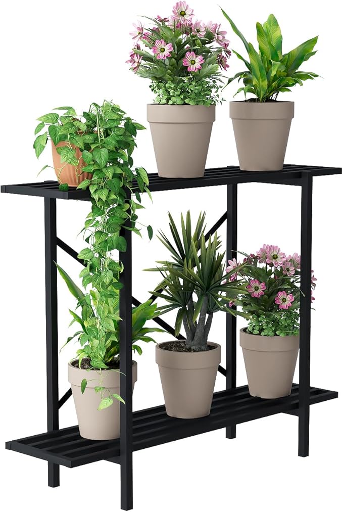 Zhongma 2 Tier Metal Sturdy Heavy Plant Stand, Narrow Plant Stand Indoor and Outdoor, L35.43 x W10.3 x H27.5 inch, 440 LBS Capacity & Heavy Duty Construction