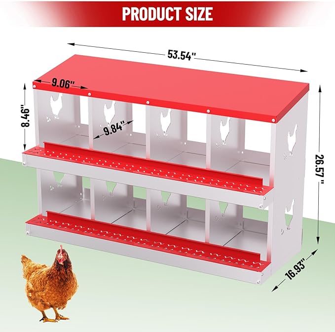 Chicken Nesting Boxes,8 Compartments Galvanized Steel Metal Laying Boxes,Pull-Out Egg Box Easy Egg Collection & Clean,Wall Mount Suitable for Farm Chicken House,Red