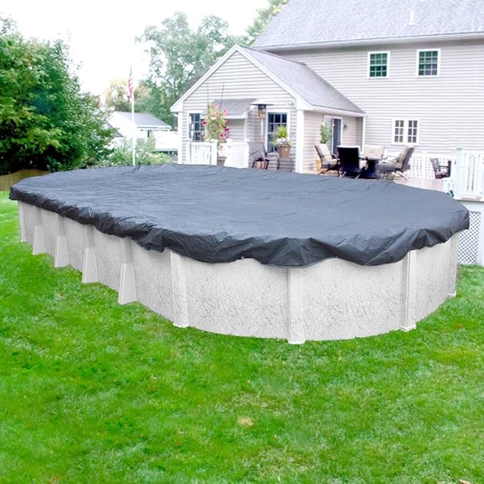 Pool Mate 18 x 24 ft Blue Winter Oval Pool Cover for Above Ground Pools, 3 ft Overlap (21 x 27 ft Cover Size), Solid 7 x 7 Scrim, 2.2 oz/yd2, 8-Year Warranty, Style: 461824-PMA