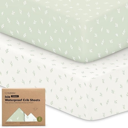 2-Pack Waterproof Baby Crib Sheets for Boys, Girls - 52x28 Viscose Derived from Bamboo Toddler Bed Sheet Neutral, Fitted Crib Mattress Protector Cover for Baby Bedding, Soft & Gentle (Herb)