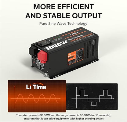LiTime 3000W Pure Sine Wave Inverter Charger, 12V DC to 110V - 120V AC, 9000W Peak Power, 5A - 45A Adjustable Current, with Remote Control Panel, UPS Function, for RV and Home Backup