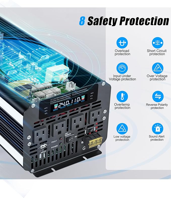 LVYUAN 5000 Watt Power Inverter 24V to 110V 120V for Vehicle, Solar Inverter System, Heavy Duty, RV, Truck, Off Grid,Camping with 4 AC Outlets, LCD Display, Wireless Remote Control, Car Power Inverter