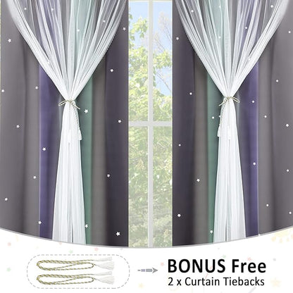 Kinryb Nursery/Kids/Girls Room Star Cut Out Blackout Rainbow Curtain with Sheer Overlay 2 Panels, Each 52 inch Wide,45 inch Length with White Gauze,Ombre Stripe Rainbow Curtains (2 Panels,52x45 Inch)