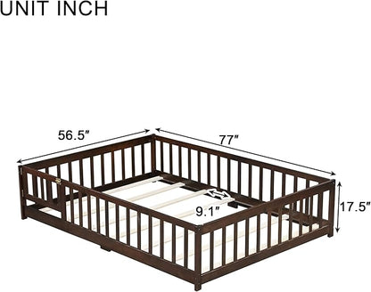 Bellemave Full Size Floor Bed for Kids, Girls, Boys, Rubber Wood Floor Bed with slats and Door, Espresso