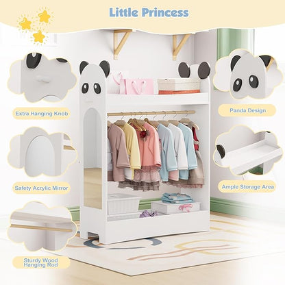 Kids Dress Up Storage Rack Mirror Wood Child Wardrobe 2 Hooks 2 Fabric Bins Toddler Closet Girls Boys Open Hanging Armoire Storage Shelf Coat Costume Hat Shoe (White)
