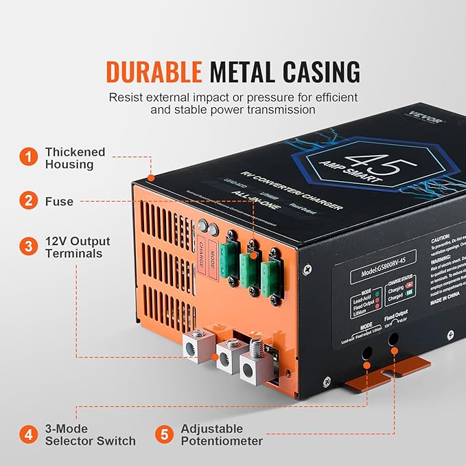 VEVOR RV Converter, 45 Amp, 110V AC to 12V DC RV Power Converter Battery Charger with 4 Stage Smart Charging 13V to 16.5V Adjustable Operating Range, Compatible with Lithium Lead Acid Battery, ETL