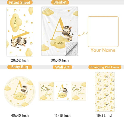 Personalized Baby Crib Bedding Set, 5 Pcs Custom Name Nursery Bedding Set, Yellow Zebra Baby Bedding Set for Girls Boys, Double Layer Crib Sets, Customized Gifts for Toddler Infant New Parents