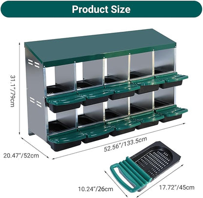 Chicken Nesting Box,Roll Away Eggs Laying Boxes,Large Bedding for Hens Birds Duck Coop Poultry Habitat Supplies,10 Compartments,Cleanable Pull Out Hen Roosting Boxes