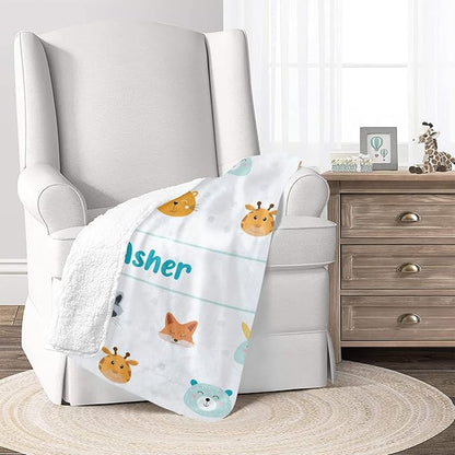 Cute Animal Rabbit Fox Personalized Receiving Sherpa Fleece Baby Blankets for Girls Boys Kids, Swaddle Blankets Gift for Newborn Crib Infants 30x40 Inches