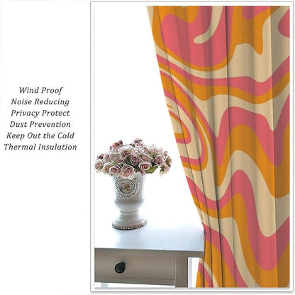 Abstract Wavy Swirl Curtains,60s 70s Groovy Aesthetic Retro Boho Orange Pink Abstract Curtains for Girls Bedroom Living Room Window 55"" W X 63"" L, Style-2