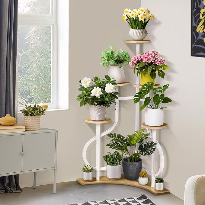 6-Tier Corner Plant Stand, Indoor Plant Stand with L-shaped Base, Aesthetic Metal Plants Shelf for Multiple Plants Flower Pot, MDF Outdoor Plant Holder for Patio Balcony (White)