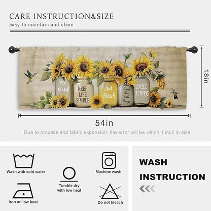 Miyotaa Sunflower Hummingbird Kitchen Curtain Valance 54W x 18H Rod Pocket Farmhouse Rustic Plant Vintage Inspirational Window Treatment for Living Room Bedroom Bathroom