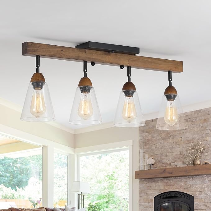 4-Light Large Rustic Farmhouse Wood Flush Mount Ceiling Light Fixture Clear