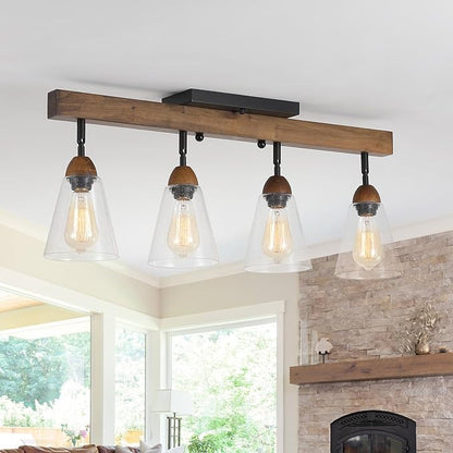 4-Light Large Rustic Farmhouse Wood Flush Mount Ceiling Light Fixture Clear
