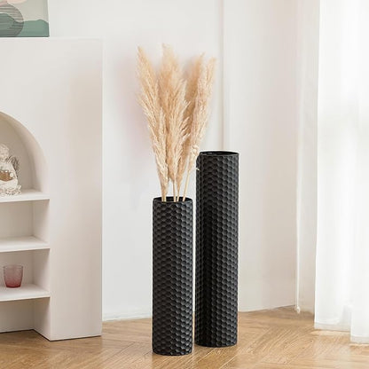 Sziqiqi Black Tall Floor Vase: 27.6/21.7in Metal Cylinder Vases Extra Large Decorative Vase Set of 2 Living Room Modern Honeycomb Texture Big Standing Decor for Dining Bedroom Home Corner Indoor