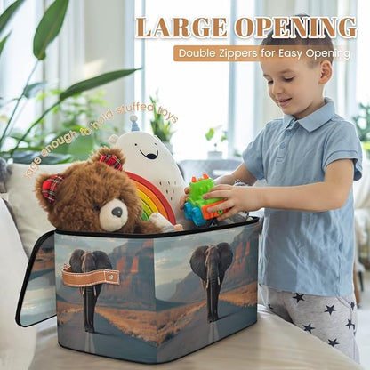 Elephant Storage Bins With Lids Fabric Collapsible Storage Box with Leather Handles for Home Bedroom Foldable Closet Shelf Organizer