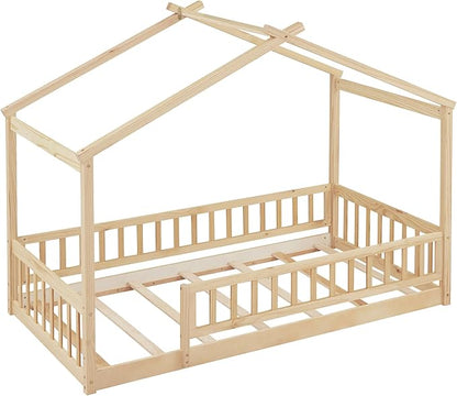 Merax Twin Size Wooden House Bed with Fence, Wood Bed Frame with Roof and Safety Guardrail for Kids, Teens, Boys or Girls, Natural