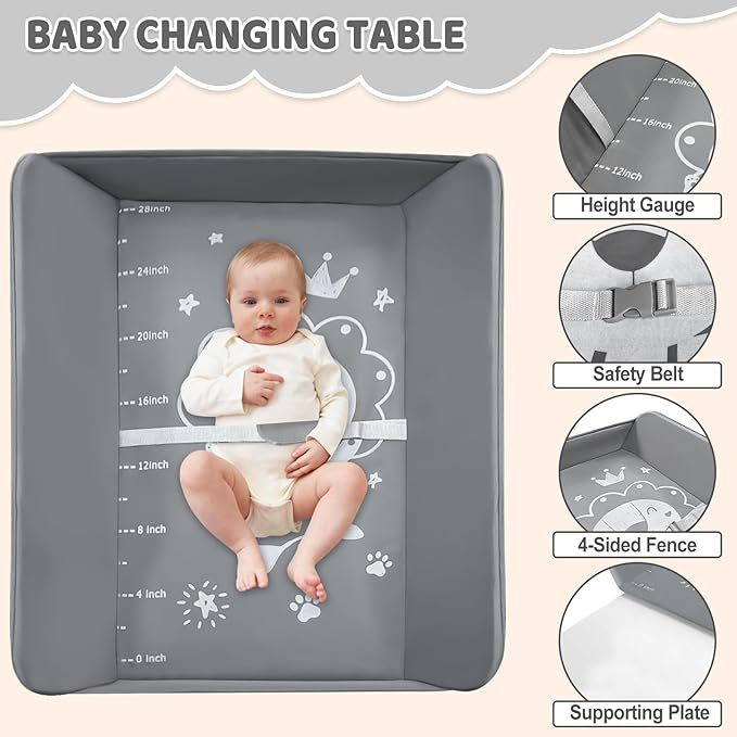 Baby Changing Table, Portable Folding Diaper Changing Station with Wheels, Adjustable Height Nursery Organizer with Safety Belt & Storage Basket & Hanging Rack for Newborn Baby and Infant (Gray)
