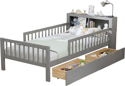 Wood Twin Size Platform Bed with Safety Fence for Kids Boys Girls, Platform Bed Frame with Practical Headboard and 2 Under-Bed Drawers, Sturdy Slats Support (Gray-3.15)