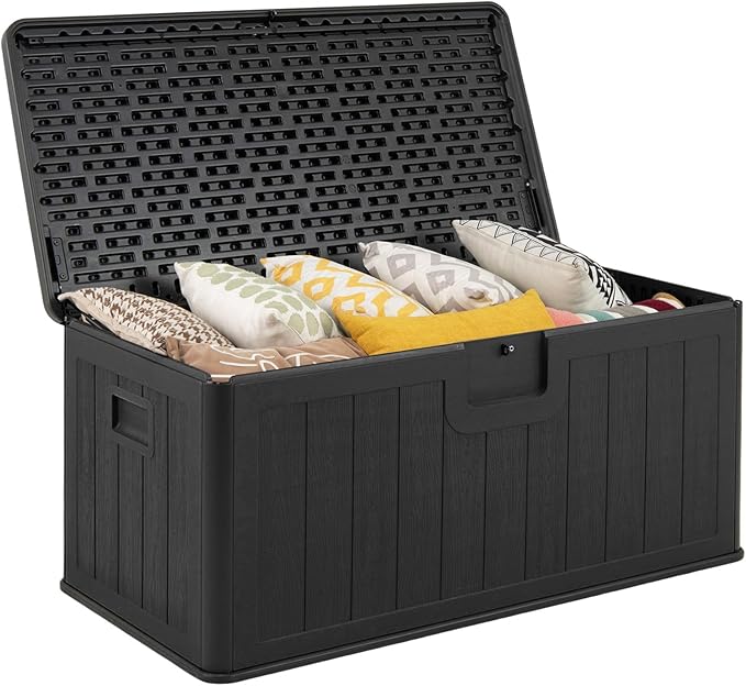Tangkula 100 Gallon Outdoor Storage Box, Resin Outdoor Storage Bench with Lockable Lid, Waterproof Deck Box for Garden Tools, Pool Accessories, Cushions