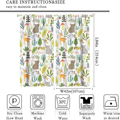Cartoon Forest Kids Blackout Curtains,Cute Woodland Wild Animals Colorful Deer Plants Trees Print Pattern Thermal Insulation Window Drapes for Nursery Boys Girls Bedroom,White Background 84x84in
