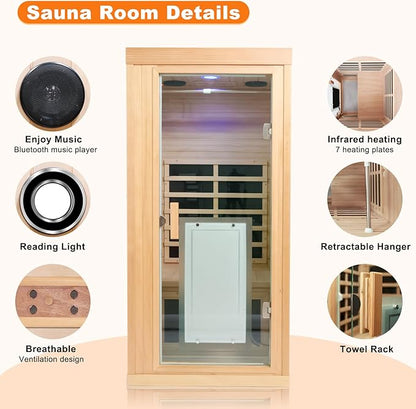Far Infrared Sauna 1 Person, Infrared Sauna for Home, Low EMF 1350W/120V Infrared Indoor Saunas with Smart Display & Bluetooth Speaker, Extendable Clothes Rail, 32.28"x32.28"x66.92"
