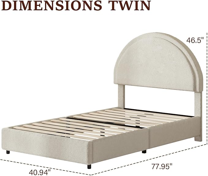Twin Size Bed Frame, Boucle Upholstered Platform Bed with Headboard, Cloud Bed Frame with Soft Rounded Corners, No Box Spring Required, Easy Assembly, White