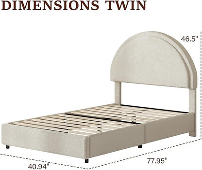 Twin Size Bed Frame, Boucle Upholstered Platform Bed with Headboard, Cloud Bed Frame with Soft Rounded Corners, No Box Spring Required, Easy Assembly, White