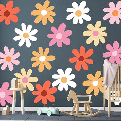 TaoBary 12 Sheets Daisy Wall Decal Flower Wall Sticker Cute Daisy Sticker Pink White Flower Decal Peel and Stick Floral Wallpaper for Nursery Bedroom Home Decor(Bright Color,Minimalist Style)