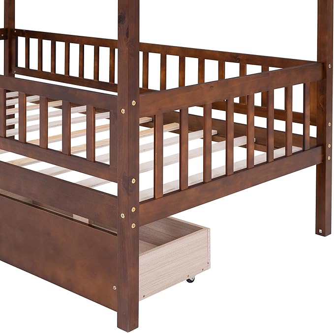 Twin House Bed with 2 Storage Drawers, Kids Twin Bed Frame with Rails and Roof, Tent Bed, Wooden Twin Daybed, Twin Montessori Bed for Kids Teens Girls & Boys, No Box Spring Needed (Walnut)