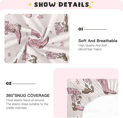 Crib Sheets for Boys Girl Coquette Bows Neutral Mini Crib Mattress Sheets Fitted, Cowgirl Boots Toddler Baby Sheets for Crib Mattress Soft & Breathable 39 * 27 * 5In