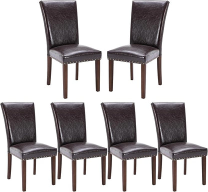 COLAMY Upholstered Parsons Dining Chairs Set of 6, PU Leather Dining Room Kitchen Side Chair with Nailhead Trim and Wood Legs - Dark Brown