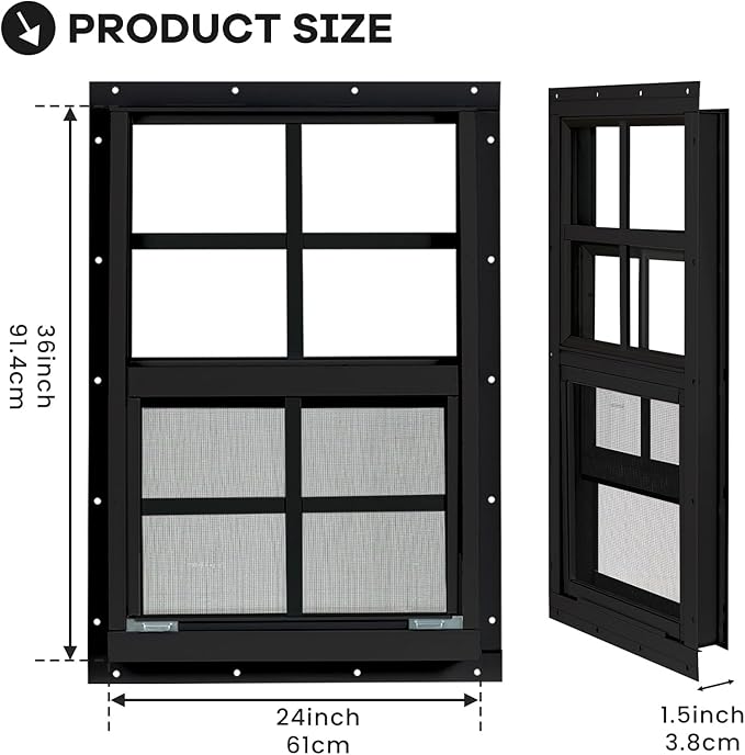 Shed Windows 2 Pack, Chicken Coop Windows 24" x 36" with Tempered Glass and Fiberglass Screen, Flush Mounted Small Window for Shed, Barns, Playhouse, Household, Garage (Black)